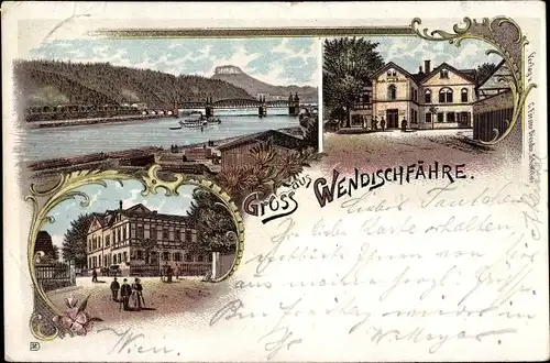 Litho Wendischfähre an der Elbe Rathmannsdorf Sachsen, Gasthaus, Flusspartie