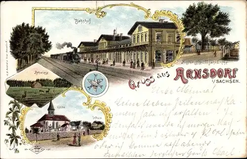 Litho Arnsdorf in Sachsen, Bahnhof, Gleisseite, Eiche, Kirche, Rehwiese, Schule