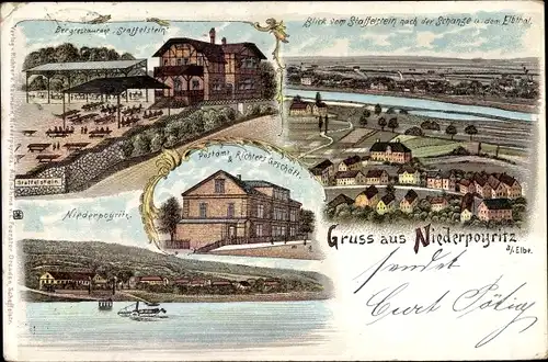 Litho Dresden Niederpoyritz, Bergrestaurant Staffelstein, Postamt, Richters Geschäft, Schanze, Elbe