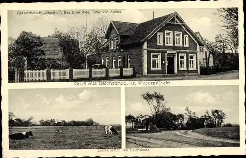 Ak Deichsende Nordholz Wurster Nordseeküste, Gastwirtschaft Jägerhof, Landschaft