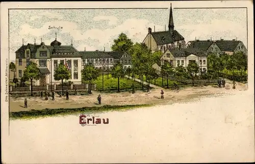 Litho Erlau in Sachsen, Blick auf den Ort mit Kirche und Schule