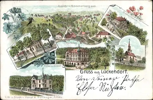 Litho Lückendorf Oybin Oberlausitz, Villa Lubisch, Kurhaus, Kirche, Schulhaus, Blick vom Sommerberg