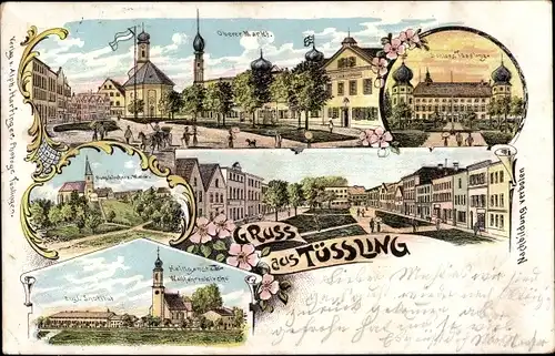 Litho Tüßling in Oberbayern, Schloss, Markt, Wallfahrtskirche, Englisches Institut