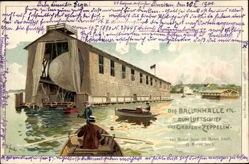 Künstler Litho Fuchs, K., Manzell Friedrichshafen am Bodensee, Ballonhalle, Zeppelin Luftschiff LZ 1