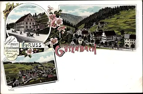 Litho Gütenbach im Schwarzwald, Gasthaus zur Post, Blick auf den Ort