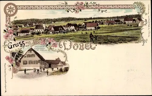 Litho Dobel im Schwarzwald, Gasthaus zum Ochsen, Blick auf den Ort