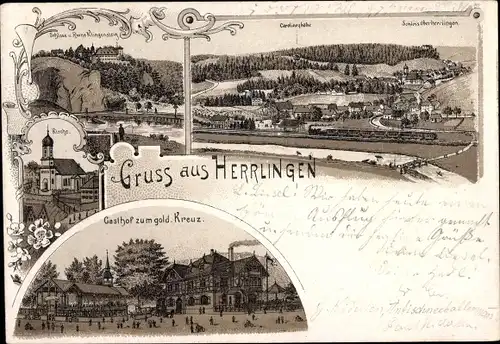 Litho Herrlingen Blaustein in Württemberg, Ruine Klingenstein, Kirche, Gasthof zum goldenen Kreuz