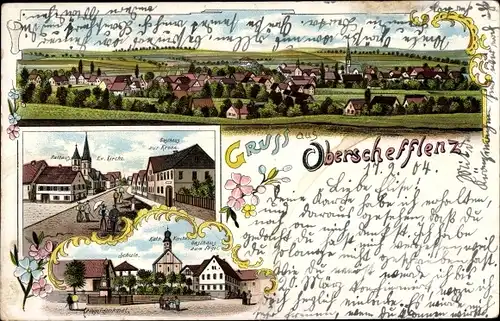 Litho Oberschefflenz Schefflenz in Baden, Rathaus, Kirche, Gasthaus zum Engel, Schule, Totale