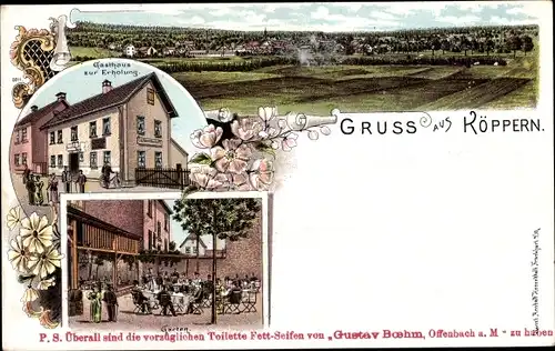 Litho Köppern Friedrichsdorf Taunus, Gasthaus zur Erholung, Garten, Totalansicht der Ortschaft