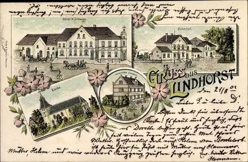 Litho Lindhorst im Kreis Schaumburg, Hotel H. Drewes, Bahnhof, Kirche, Kaiserliches Postamt