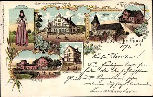 Litho Lindhorst im Kreis Schaumburg, Kaiserliches Postamt, Zentralmolkerei, Tracht, Bahnhof