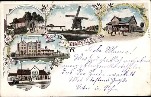 Litho Heidmühle Schortens in Friesland, Bierbrauerei, Zingels Gasthof, Windmühle, Bahnhof,Gleisseite