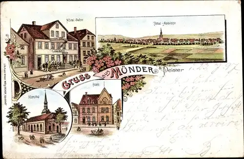 Litho Bad Münder am Deister, Hotel Beho, Post, Kirche, Totalansicht