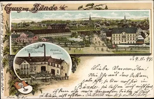 Litho Bünde in Westfalen, Brennerei und Weingroßhandlung, Blick auf den Ort
