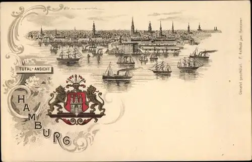 Wappen Litho Hamburg, Totalansicht, Boote, Häuser