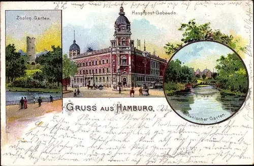 Litho Hamburg, Botanischer Garten, Zool. Garten, Hauptpostgebäude