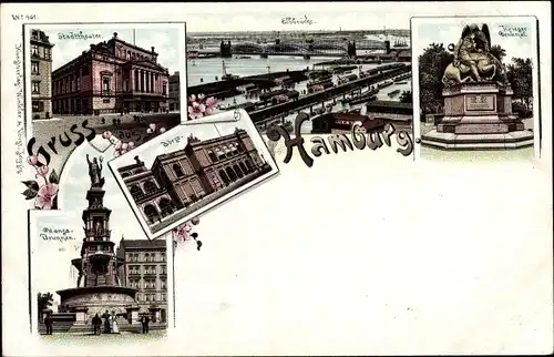 Litho Hamburg Mitte Altstadt, Stadttheater, Elbbrücke, Kriegerdenkmal, Hansa Brunnen, Börse