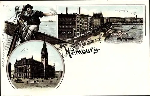 Litho Hamburg Mitte Altstadt, Jungfernstieg, Neues Rathaus, Matrose