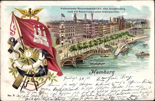 Litho Hamburg Mitte Altstadt, Fahne, Alsterarkaden Reesendammbrücke, Jungfernstieg, Alsterpavillon