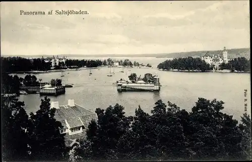 Ak Saltsjöbaden Schweden, Panorama der Ortschaft, Insel