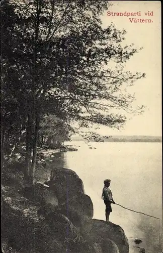 Ak Schweden, Partie am Vättern See, Junge mit Angel