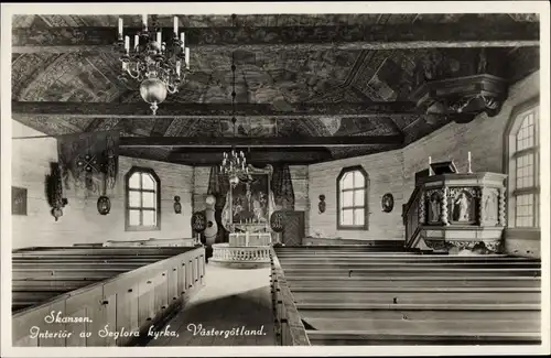 Ak Skansen Stockholm Schweden, Seglora kyrka, Innenansicht, Västergötland