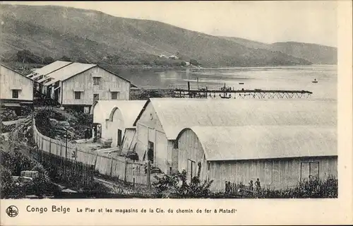 Ak Matadi Congo Belge DR Kongo Zaire, Le Pier et les magasins de la Cie. du chemin de fer