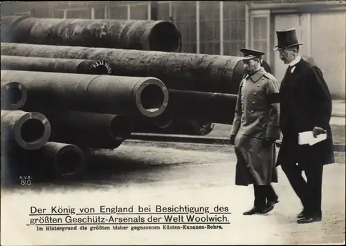 Riesen Ak Woolwich London, König Georg V von England, Geschützarsenal, Küsten Kanonen Rohre