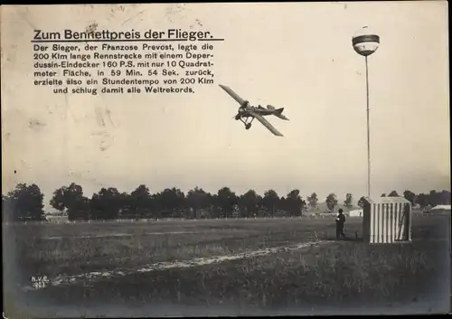 Riesen Ak Bennettpreis der Flieger, Sieger Franzose Prevost, Deperdussin Eindecker