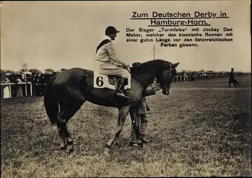Riesen Ak Hamburg Mitte Horn, Deutsches Derby, Sieger Turmfalke mit Jockey Dan Maher