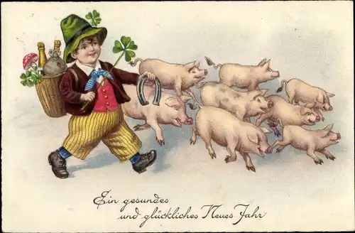 Ak Glückwunsch Neujahr, Junge mit Rückentrage, Schweine, Kleeblätter, Hufeisen, Sektflasche