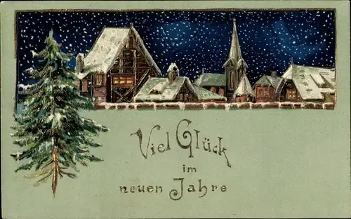 Präge Litho Glückwunsch Neujahr, Ortschaft bei Nacht im Schneefall, Tannenbaum