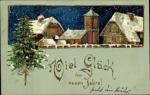 Präge Litho Glückwunsch Neujahr, Ortschaft bei Nacht im Schneefall, Tannenbaum