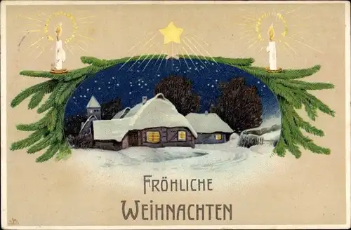 Ak Glückwunsch Weihnachten, Schneebedeckte Häuser, Kerzen