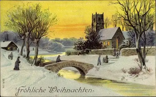Ak Glückwunsch Weihnachten, Winterlandschaft mit Fluss und Kirche