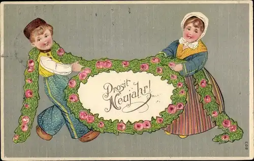 Präge Litho Glückwunsch Neujahr, Junge und Mädchen mit Blumenranken