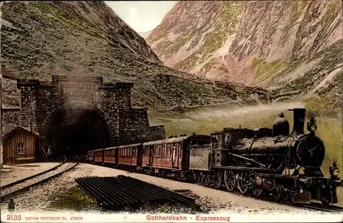 Ak Schweizer Eisenbahn, Gotthardbahn, Expresszug, Dampflok