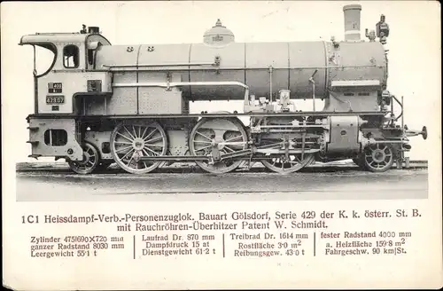 Ak Österreichische Eisenbahn,Heißdampf Verbund Personenzuglokomotive, Bauart Gölsdorf, Tender 429 07