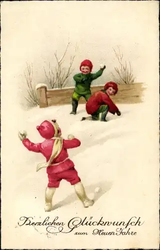 Ak Glückwunsch Neujahr, Kinder bei einer Schneeballschlacht