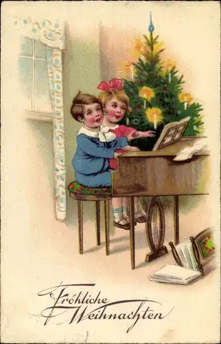 Ak Glückwunsch Weihnachten, Junge und Mädchen am Klavier, Tannenbaum