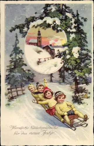 Ak Glückwunsch Neujahr, Kinder auf einem Schlitten