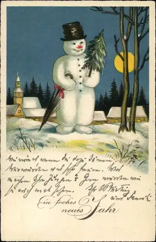 Ak Glückwunsch Neujahr, Schneemann mit Tannenbaum, Mondschein