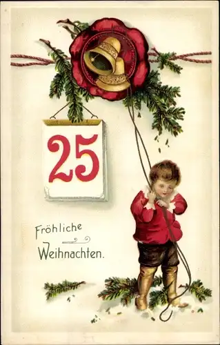 Ak Glückwunsch Weihnachten, Junge läutet Glocken, Kalender