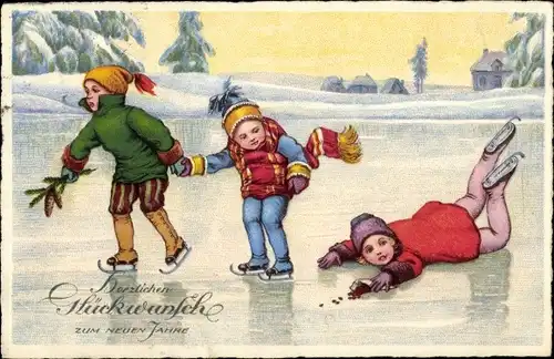 Ak Glückwunsch Neujahr, Kinder beim Eislaufen