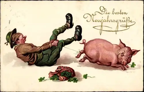 Ak Glückwunsch Neujahr, Bauer mit Schwein, Kleeblätter