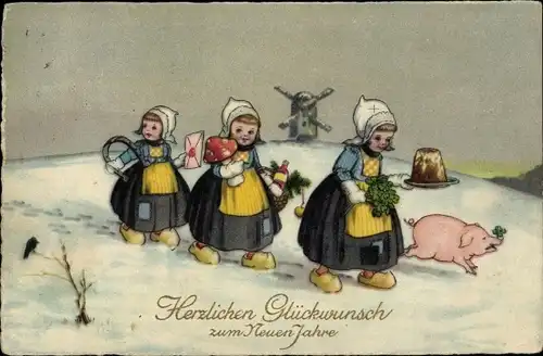 Ak Glückwunsch Neujahr, Mädchen in niederländischer Tracht, Schwein, Klee, Fliegenpilz, Windmühle