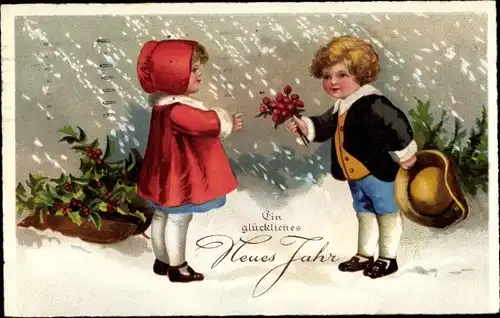 Ak Glückwunsch Neujahr, Kinder mit Stechpalmenzweigen, Blumenstrauß
