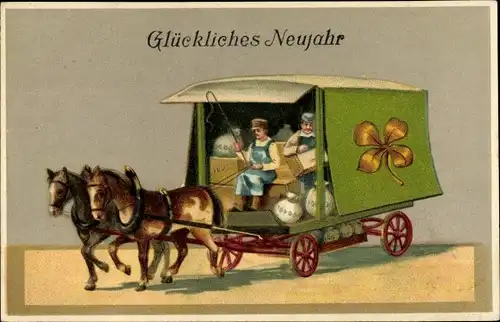 Präge Ak Glückwunsch Neujahr, Kutsche transportiert Geldsäcke, Kleeblatt