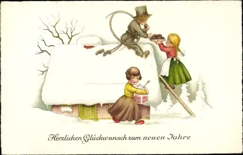 Ak Glückwunsch Neujahr, Schornsteinfeger auf dem Dach, Mädchen bringen Essen