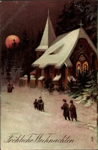 Ak Frohe Weihnachten, winterliche Kirche im Schnee, Mondschein